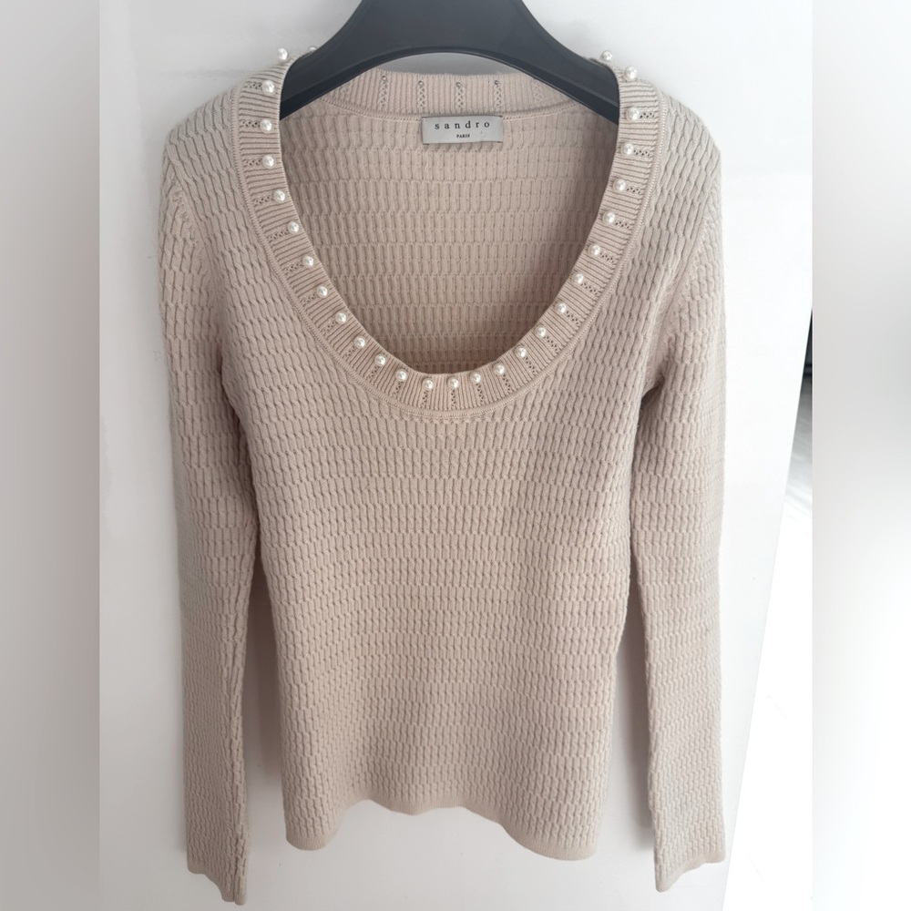 SANDRO O JISEL Beaded Scoop Neck Sweater Beige
Cable Knit Pearl Embellished Wool
